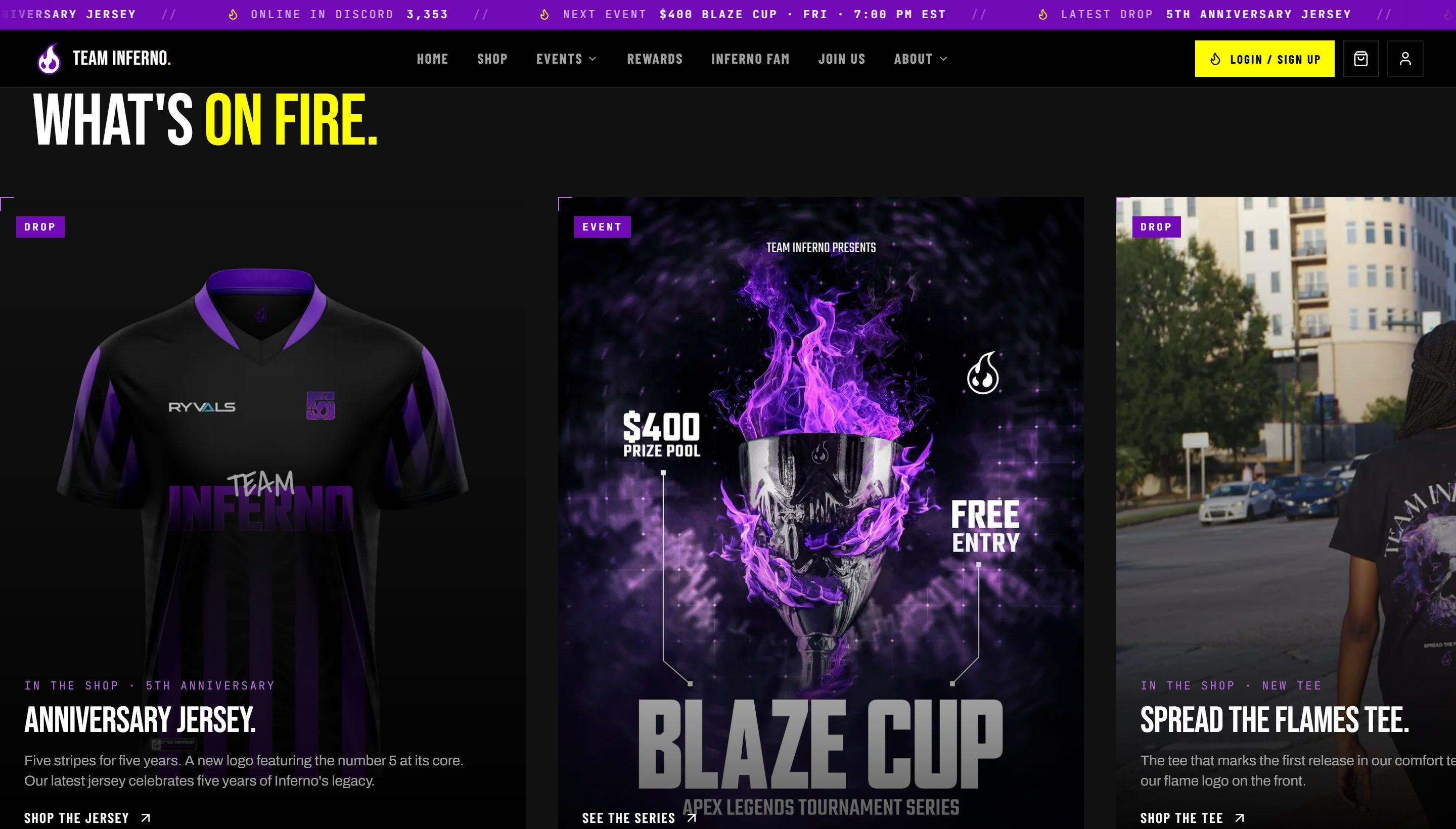 Team Inferno featured drops and events carousel