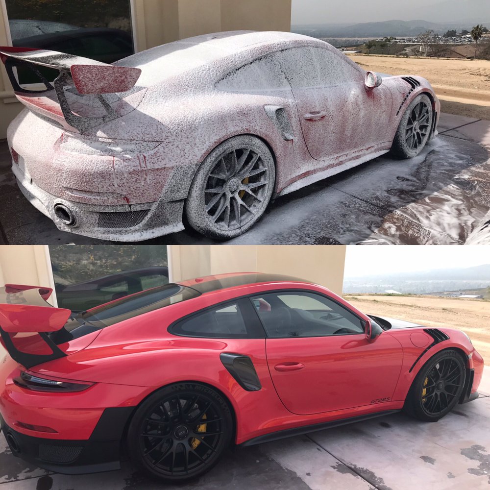 Porsche GT3 RS before and after detailing - foam wash to stunning red finish