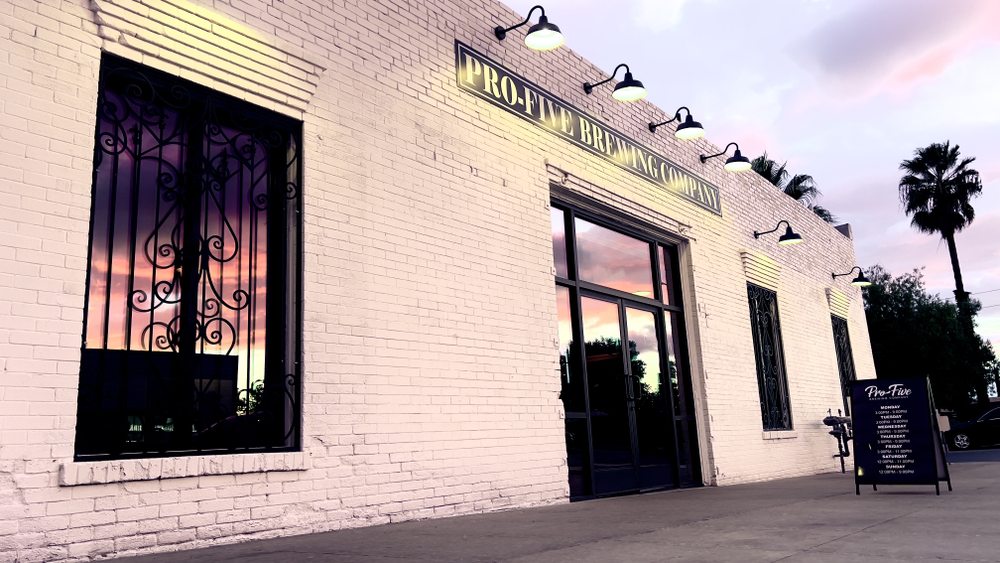 Pro-Five Brewing Company exterior at sunset